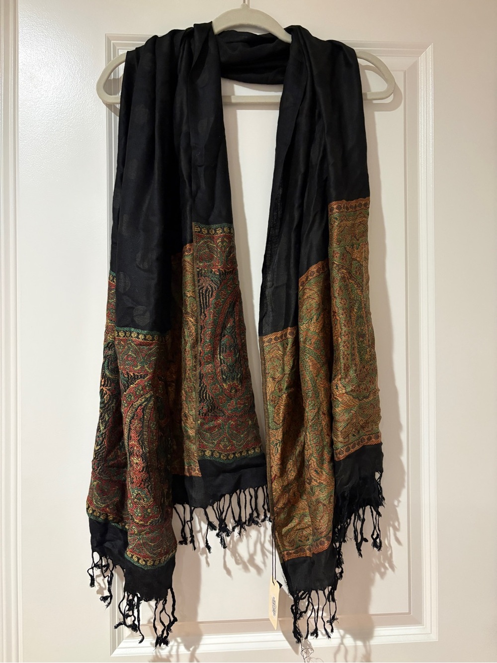 Black Paisley-Trim Pashmina Wrap with Rich Multicolor Accents